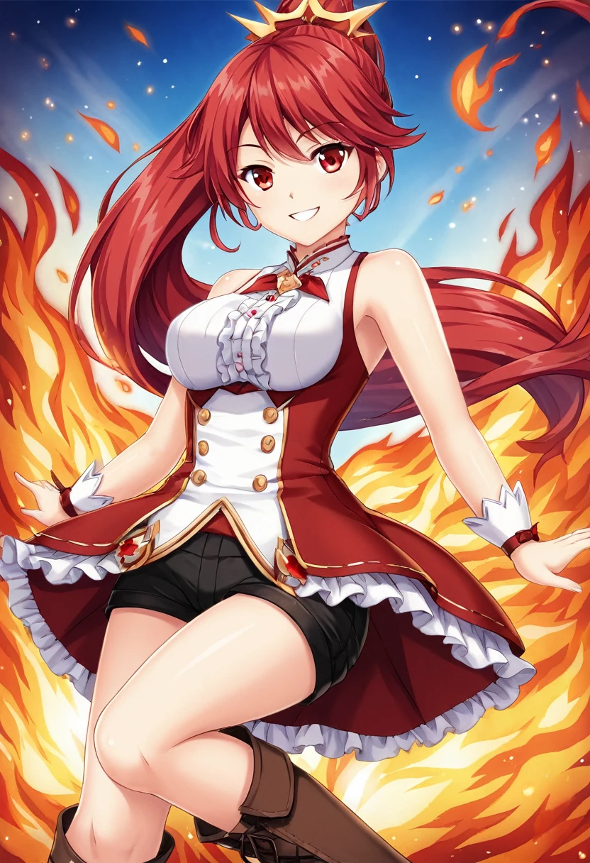 20 years old, long red hair, wears a ponytail, red eyes, always smiling. She dresses in an antique style, wearing a short brown skirt with black shorts underneath, ending above the knees. She wears knee-high brown boots. Her white blouse is sleeveless and features red details. She possesses fire powers and has a fire-themed background."