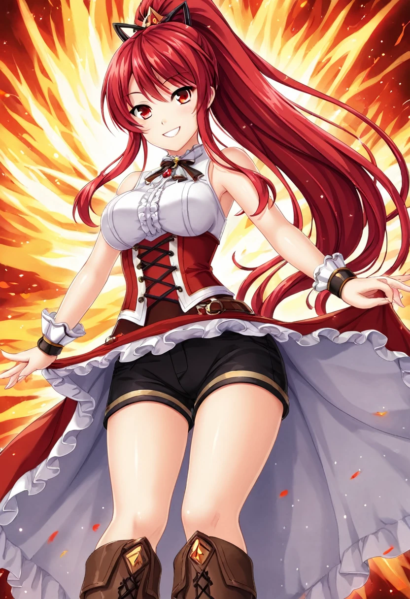 20 years old, long red hair, wears a ponytail, red eyes, always smiling. She dresses in an antique style, wearing a short brown skirt with black shorts underneath, ending above the knees. She wears knee-high brown boots. Her white blouse is sleeveless and features red details. She possesses fire powers and has a fire-themed background."