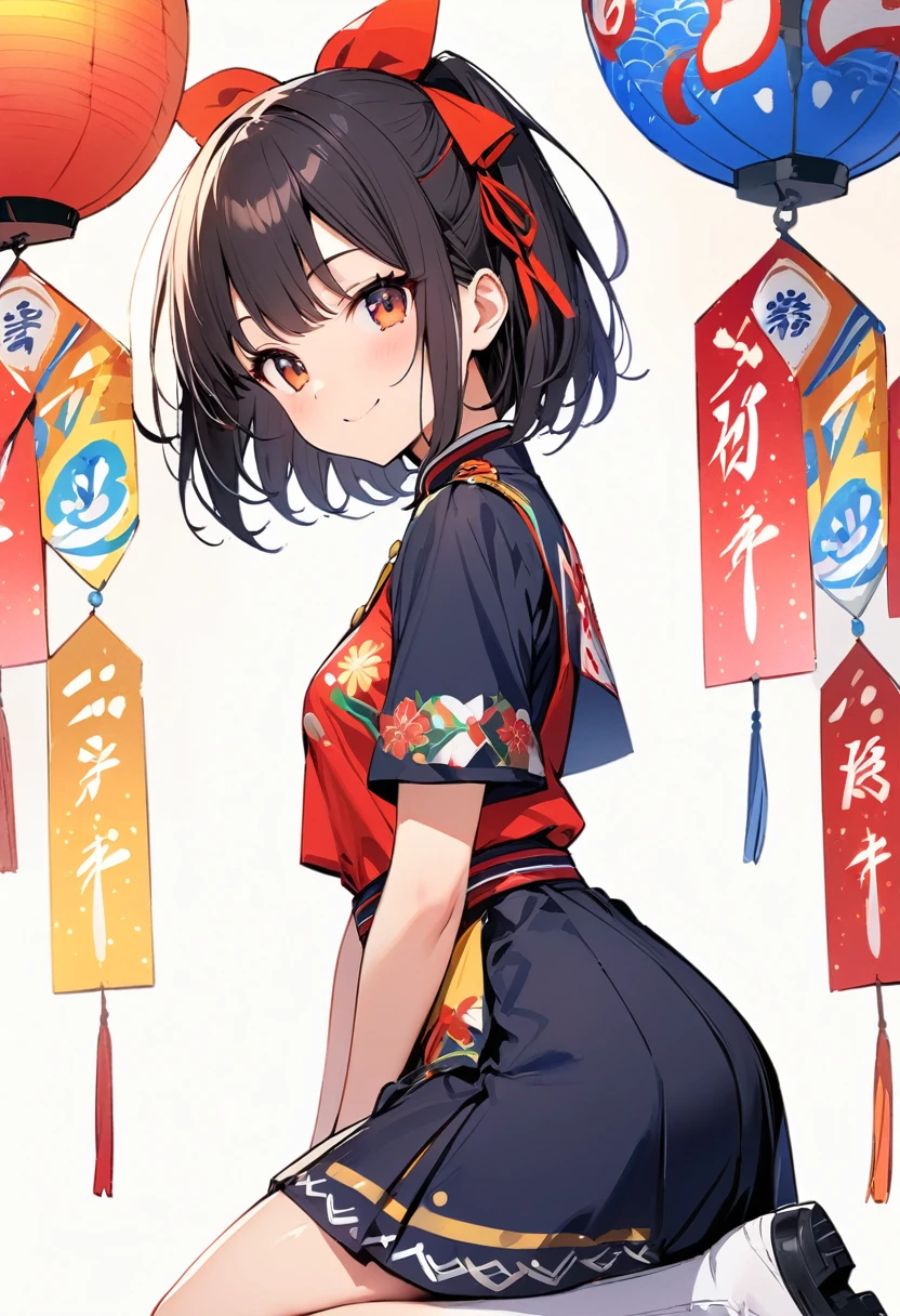 (masterpiece:1.2),Highest quality,Pixiv ,One girl,alone,View your viewers,smile,White background only,whole body,From the side,One knee,,Look to the side、white background only,One girl, Sun Festival, uniform, Hisaishi, Hair Ribbon, smile, Small breasts,No background