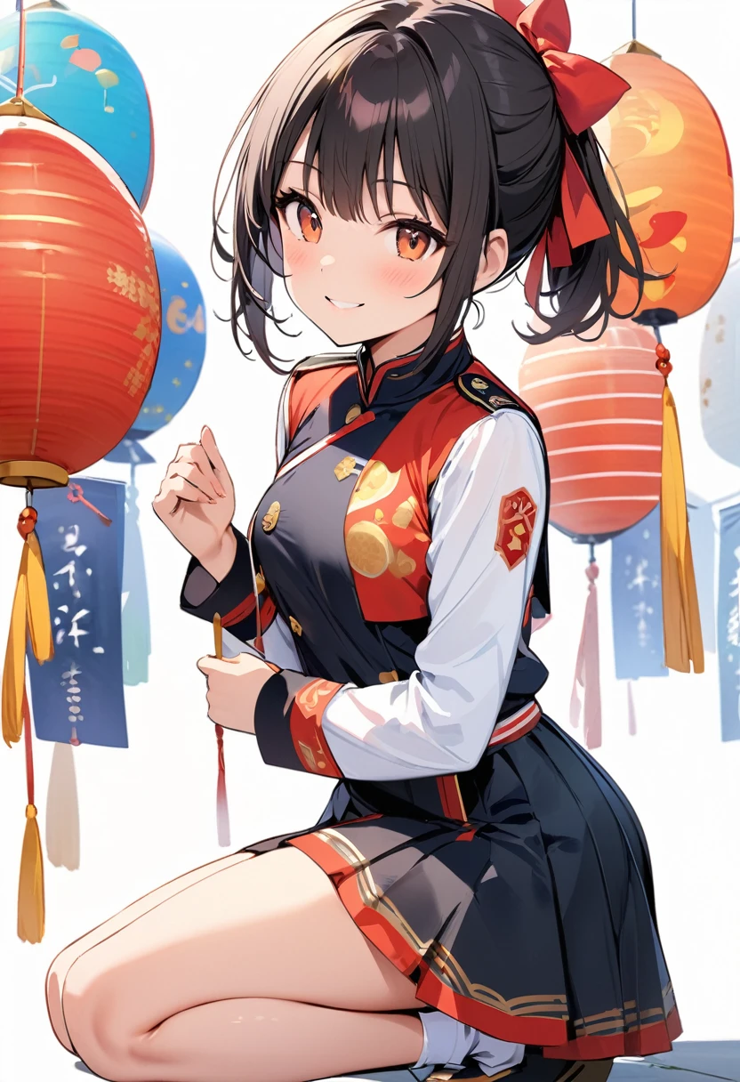 (masterpiece:1.2),Highest quality,Pixiv ,One girl,alone,View your viewers,smile,White background only,whole body,From the side,One knee,,Look to the side、white background only,One girl, Sun Festival, uniform, Hisaishi, Hair Ribbon, smile, Small breasts,No background