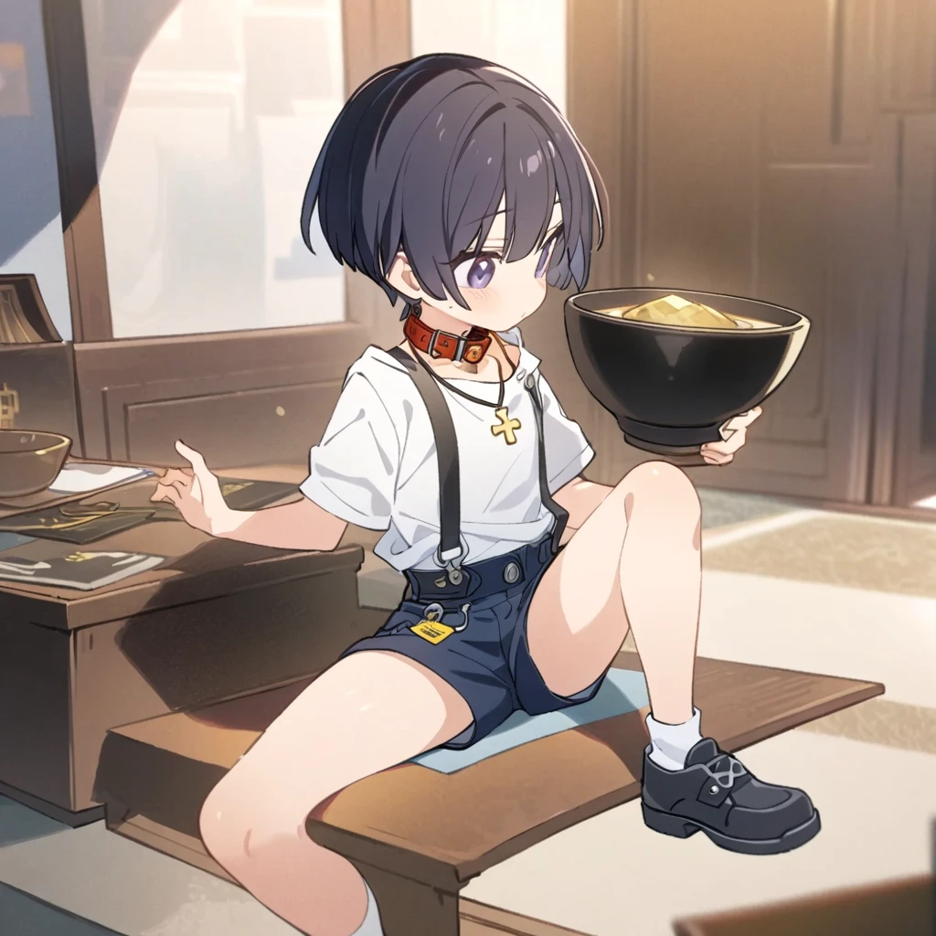 4k best Quality, work of art, A boy, Short Indigo Hair Smooth and Bowl Style With a Square Chopped Bang. do it using shorts with black suspenders, a white woolen shirt with a collar a white sock with buckles. and a little black shoe, She also wears a necklace with a yellow cross.