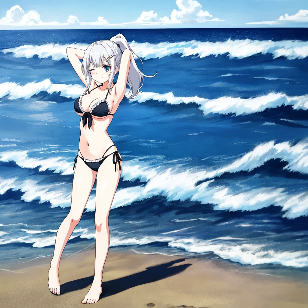 zPDXL2, rating_safe, source_anime, 1girl, 4k quality, detailed background, detailed eyes, (cowboy shot), outdoors,, happy, sunny, naruse shiroha,  white hair, blue eyes, black bikini,side-tie bikini bottom,hair clip,left hair clip, legs apart,feet apart,full body, standing spread legs-standing apart,long hair,one eye closed, ponytail,detailed bangs, tying hair, arms up,two arms up,arms behind head,solo focus,1 girl,beach,sea,sand, standing straight 