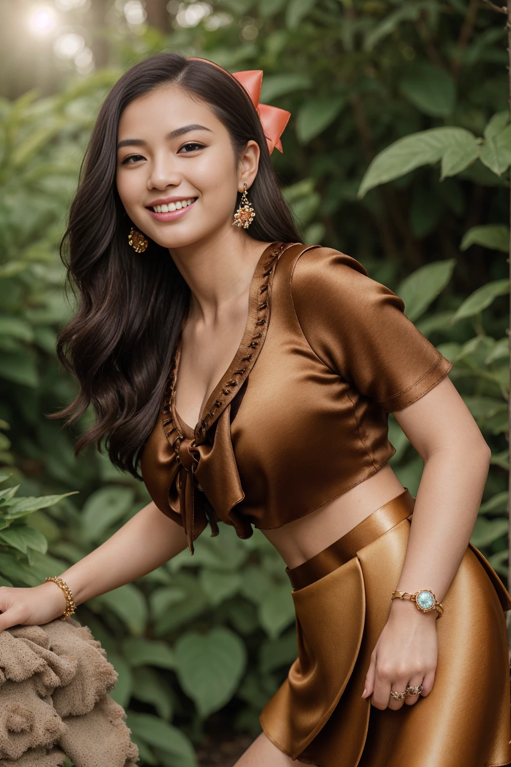 Half-length glamour portrait, nikon D850, f1.6 lens, 200mm, DSLR, 22 Megapixels, (((Strolling in a lush botanical garden scene))), shot of a stunning 19 years old korean girl, (smile:1.4), (wearing brown satin pussy-bow blouse with a Coral leather skater skirt:1.6), ((seductive pose)), hot girl, (((big natural breasts))), (((black fringe hair))), ( girl), symmetrical face, photorealistic, photography, (bright natural lighting), gorgeous, deep cleavage, (masterpiece), best quality, high resolution, extremely detailed, cinematic lighting, (((very narrow waist))), rich colors, hyper realistic, lifelike texture, ((jewelry)), (((She has beautiful hands and wears rings))), (bracelet), (necklace), (ankle chain), (nail polish) (earrings), Fuji Superia 200, 8k