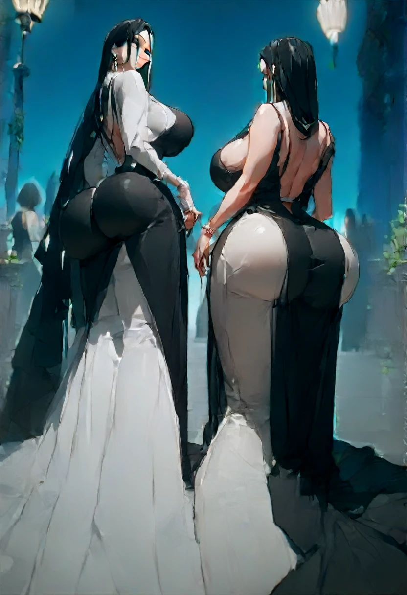 score_9, score_8_up, score_7_up, score_6_up, score_5_up, score_4_up, (source_anime), 2girls, (( white woman, long black hair, big breasts, mom, big ass, Long black dress, Long dress)), Distant vision, Low Illumination, in public, horny, discreet, night, darkness, A girl hiden under the dress, Bottom-up view