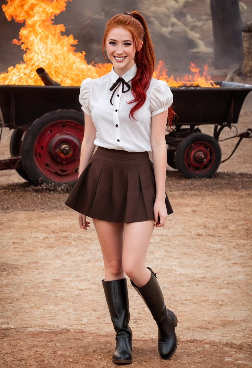 20 years old, long red hair, wears a ponytail, red eyes, always smiling. She dresses in an antique style, wearing a short brown skirt with black shorts underneath, ending above the knees. She wears knee-high brown boots. Her white blouse is sleeveless and features red details. She possesses fire powers and has a fire-themed background."