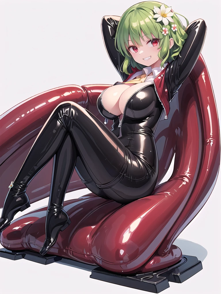 (((high quality))),(((masterpiece))),(((highly detailed))),((illustration style)),(((one women))),(((kazami yuuka))),(touhou), red eyes, short green hair,(((black leather jacket))),(((Flower pattern red full bodysuit))),((latex)), (shiny clothes:1.2),(((grin))),(((large breasts))),(((full body))),(((arm behind head))),(((model posing))),((((simple white background))),(((Side angle)))