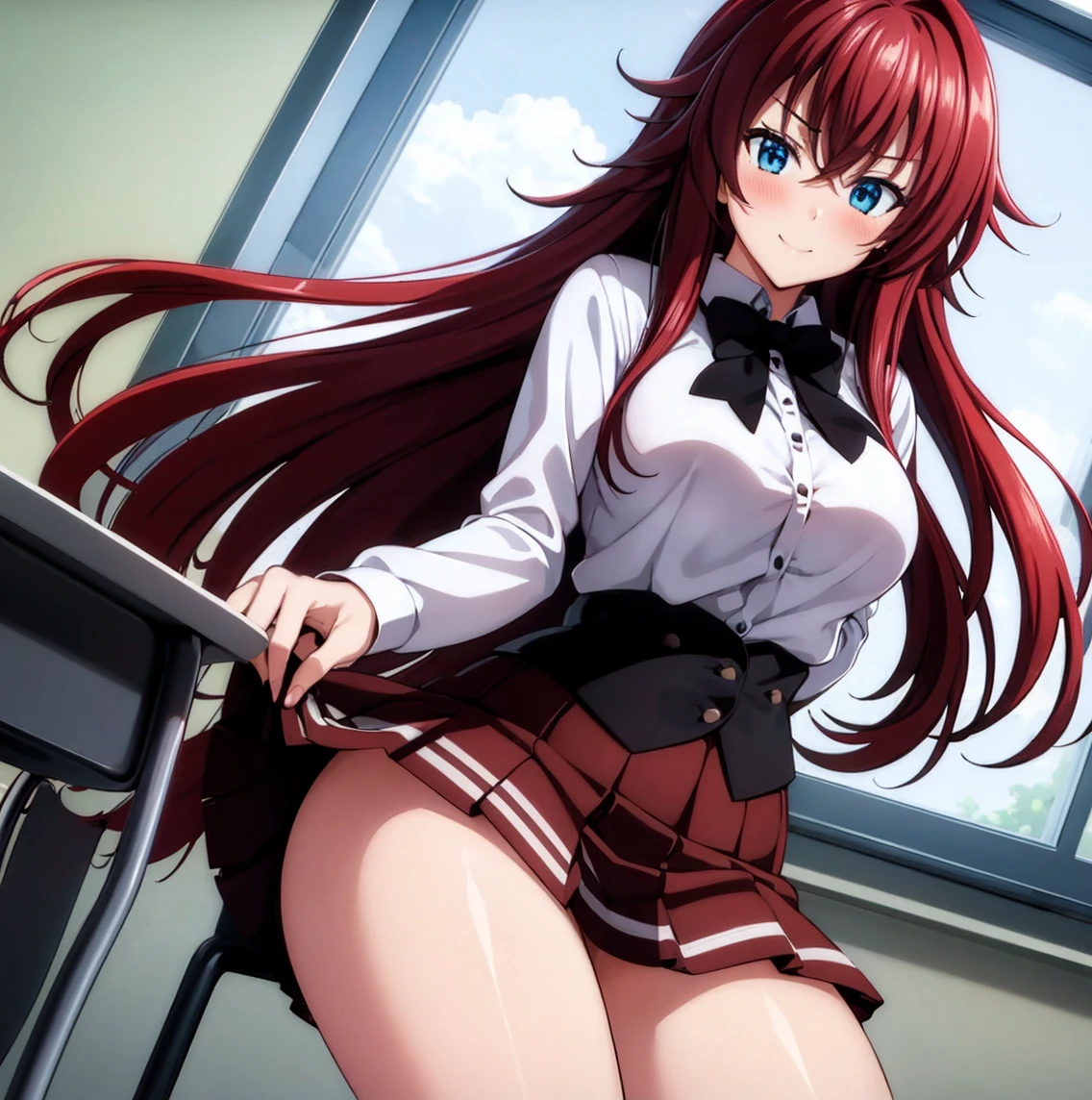 ((1girl)),((alone)),RiasGremory,(masterpiece), (best quality), (ultra detailed), (best illustration), (best shadow), (absurdities), sharp focus, cowboy shot, dynamic pose looking at viewer, big breasts, narrow waist, wide hips, medium thighs, round butt, dynamic posture, red hair, long hair,antenna hair, blue eyes, ahoge, , white shirt, striped shirt, long sleeves, bow on the collar, black bow, black corset, red skirt, short skirt, bare legs, white socks, brown loafers, smiling, playful look, seductive smile, closed mouth, seductive expression, (sexy pose: 1.2), ((only)), standing: 1.3, interior, school, classroom, desks, desk, window, sunset, looking forward, ((focus on thighs), point of view (from below), red blush, perfect anatomy, perfect hands.