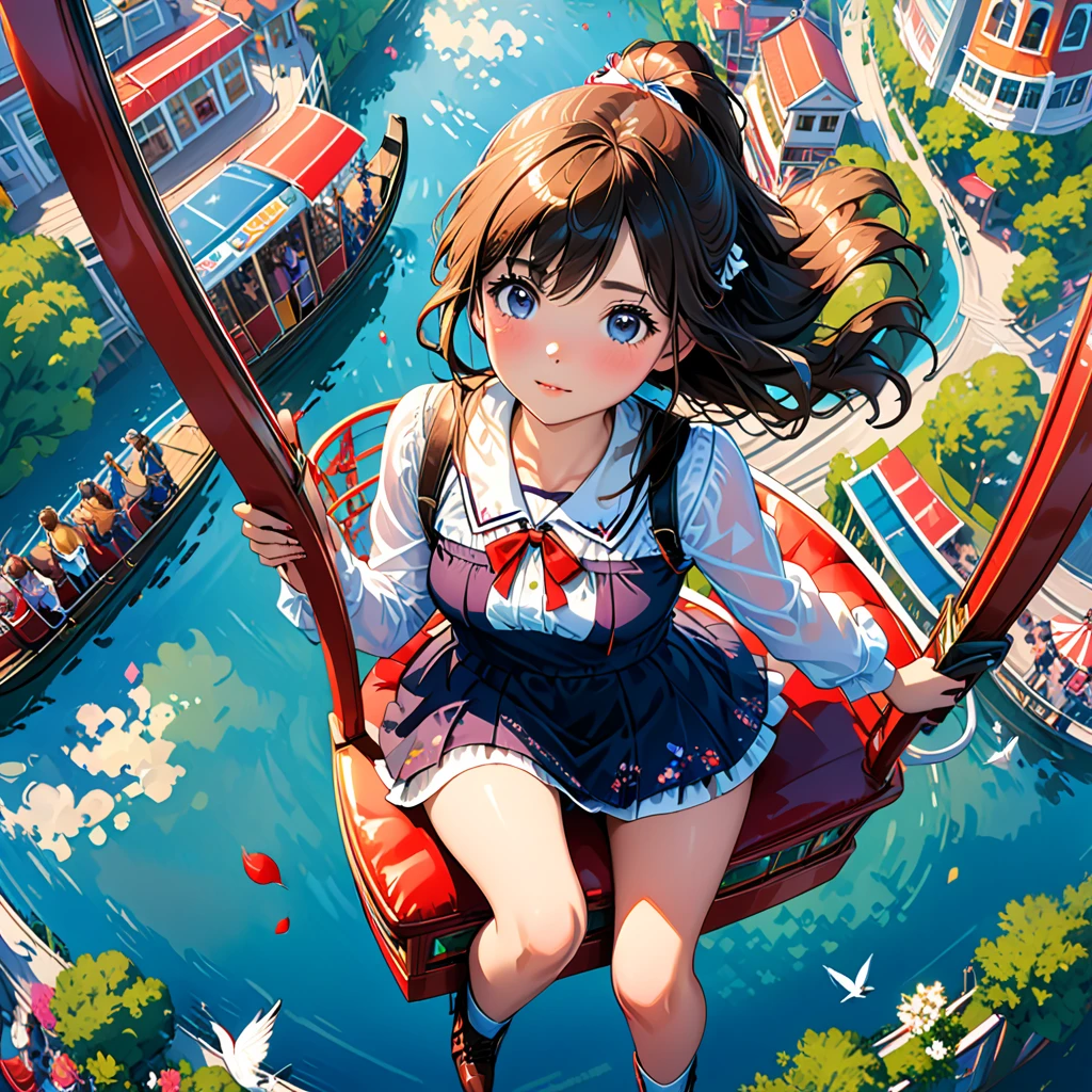 (Highest quality, Super detailed, Realistic: 1.37), Humorous, Cartoon style, Thick lines, Bright colors, Bird's eye view, Romantic comedy, A high school girl on a Ferris wheel sits on a chair inside the gondola, leaning forward and shyly holding down her miniskirt in a hurry (holding down: 1.3), (Front view of her figure: 1.4)