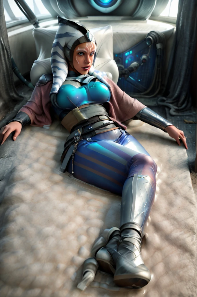 AHSOKA TRANSLUCENT latex outfit uniform, LYING IN A PUDDLE OF CUM, SOAKING IN CUMFOUNTAIN, mouth full of slime ,missing her pants, sex pose, jamesdaly artstyle, best quality, veins popping out on her skin. She is being brainwashed into becoming a Borg, with an eyepatch covering one eye. There are cables attached to her body, merging with her flesh. The overall scene has a luma effect, giving it a surreal glow. The woman's face is extremely detailed, with intricate features and expressions. Her eyes are particularly captivating, with a mesmerizing quality to them. The image is of the highest quality, with 4K resolution and ultra-detailed rendering. It has a realistic and photorealistic appearance, almost resembling a masterpiece. The art style leans towards a cyberpunk concept, with a fusion of sci-fi elements. The color tone is dominated by shades of blue, giving it a cold and futuristic atmosphere. The lighting is dramatic, with bright highlights and deep shadows, adding intensity to the scene.