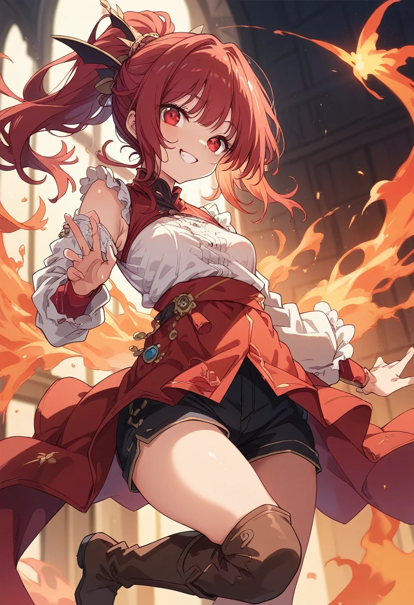 20 years old, long red hair, wears a ponytail, red eyes, always smiling. She dresses in an antique style, wearing a short brown skirt with black shorts underneath, ending above the knees. She wears knee-high brown boots. Her white blouse is sleeveless and features red details. She possesses fire powers and has a fire-themed background."
