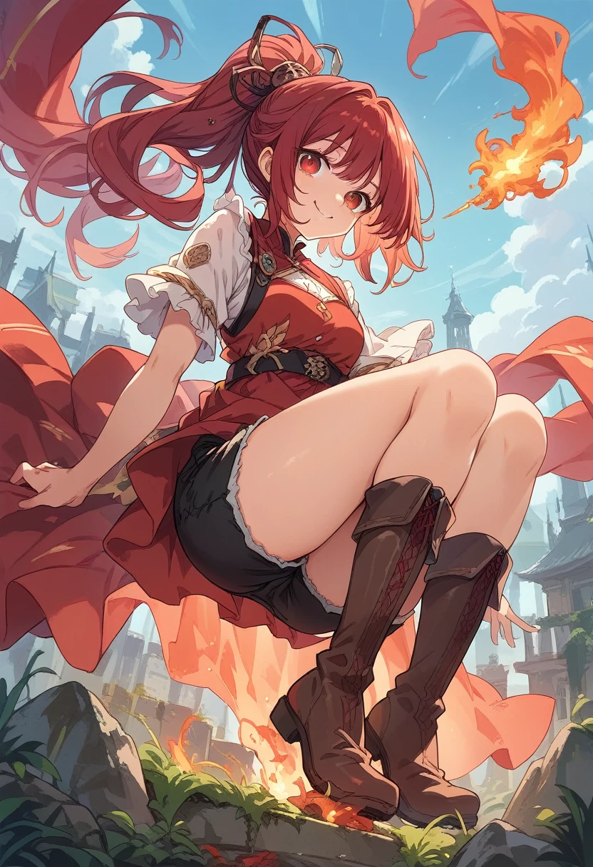 20 years old, long red hair, wears a ponytail, red eyes, always smiling. She dresses in an antique style, wearing a short brown skirt with black shorts underneath, ending above the knees. She wears knee-high brown boots. Her white blouse is sleeveless and features red details. She possesses fire powers and has a fire-themed background."