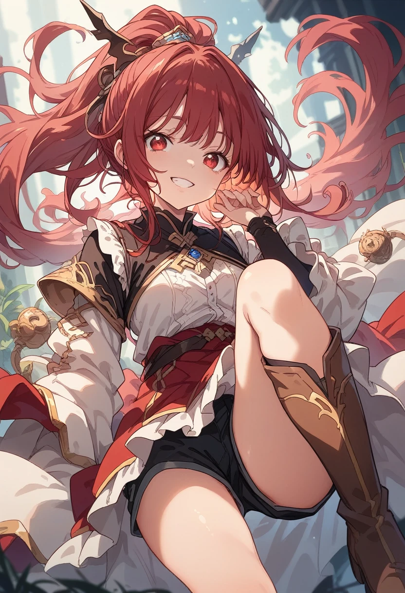 20 years old, long red hair, wears a ponytail, red eyes, always smiling. She dresses in an antique style, wearing a short brown skirt with black shorts underneath, ending above the knees. She wears knee-high brown boots. Her white blouse is sleeveless and features red details. She possesses fire powers and has a fire-themed background."