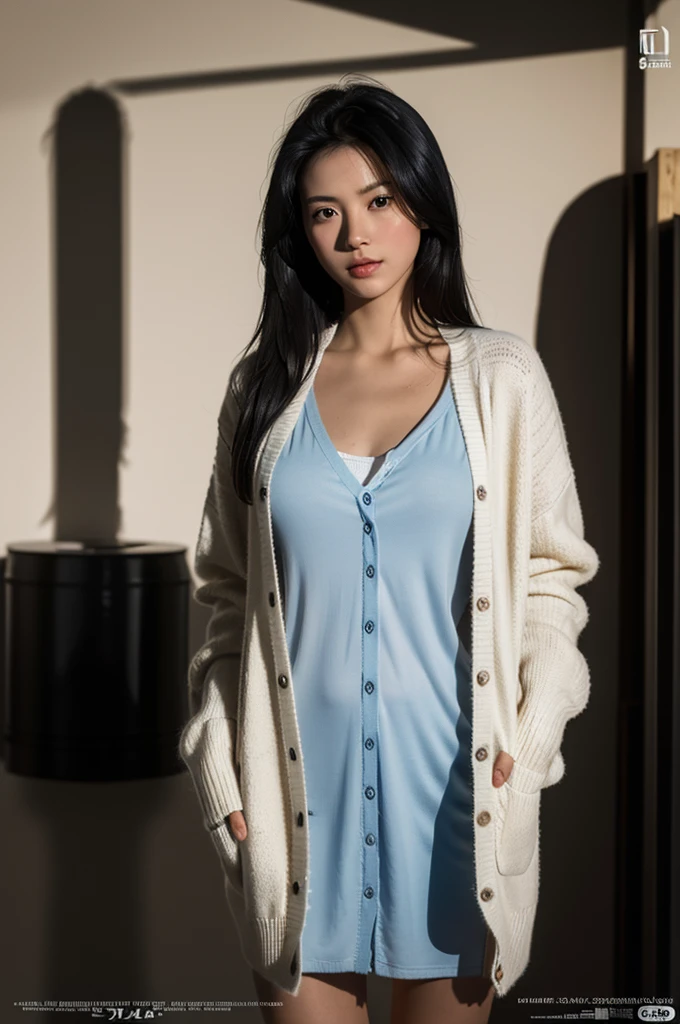 masterpiece, best quality, ultra high resolution (realism: 1.4), original photo, 35mm lens., F1 aperture.4, movie poster, light and shadow, female, a white cardigan, naked cardigan, long black hair, real skin, (skin detail: 1.3),