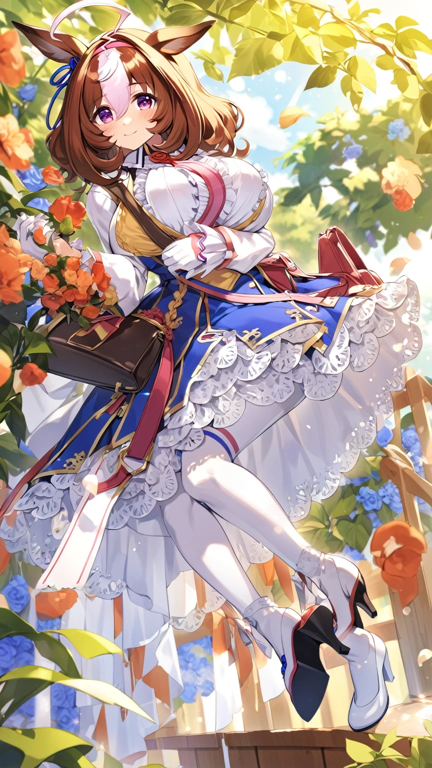 meisho doto \(umamusume\),white shirt, collared shirt, white gloves, shoulder bag, strap between breasts, blue skirt, long sleeves, white thighhighs, high heels, handbag, white footwear, center frills, sleeves past wrist,light smile,looking_at_viewer