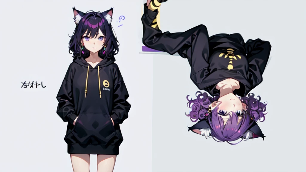 anime, drawing, lineart, girl, black with purple hair, hair length just above the shoulder, curly, anime, wearing a hoodie, hoodie with a simple bee design, black earrings with upside down cross, simple, anime, anime girl, curly hair, cat ears, concept art
