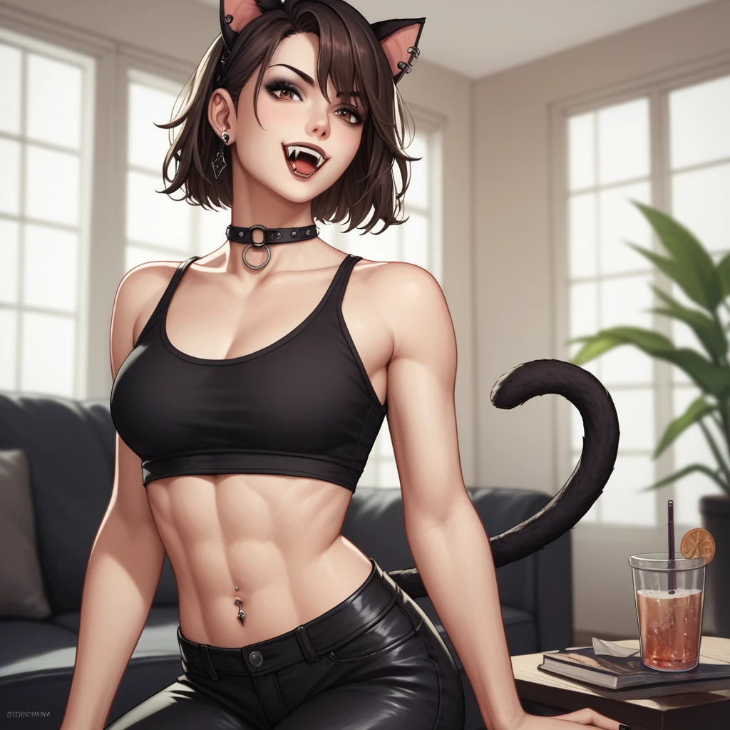 Best quality, highly detailed, ultra detailed, 1 light skin boy, slim physique, buff pecs, short dark brown hair, brown eyes, vampire fangs, cat ears on top of head, painted black nails, goth, black crop top, black pants, living room, close up