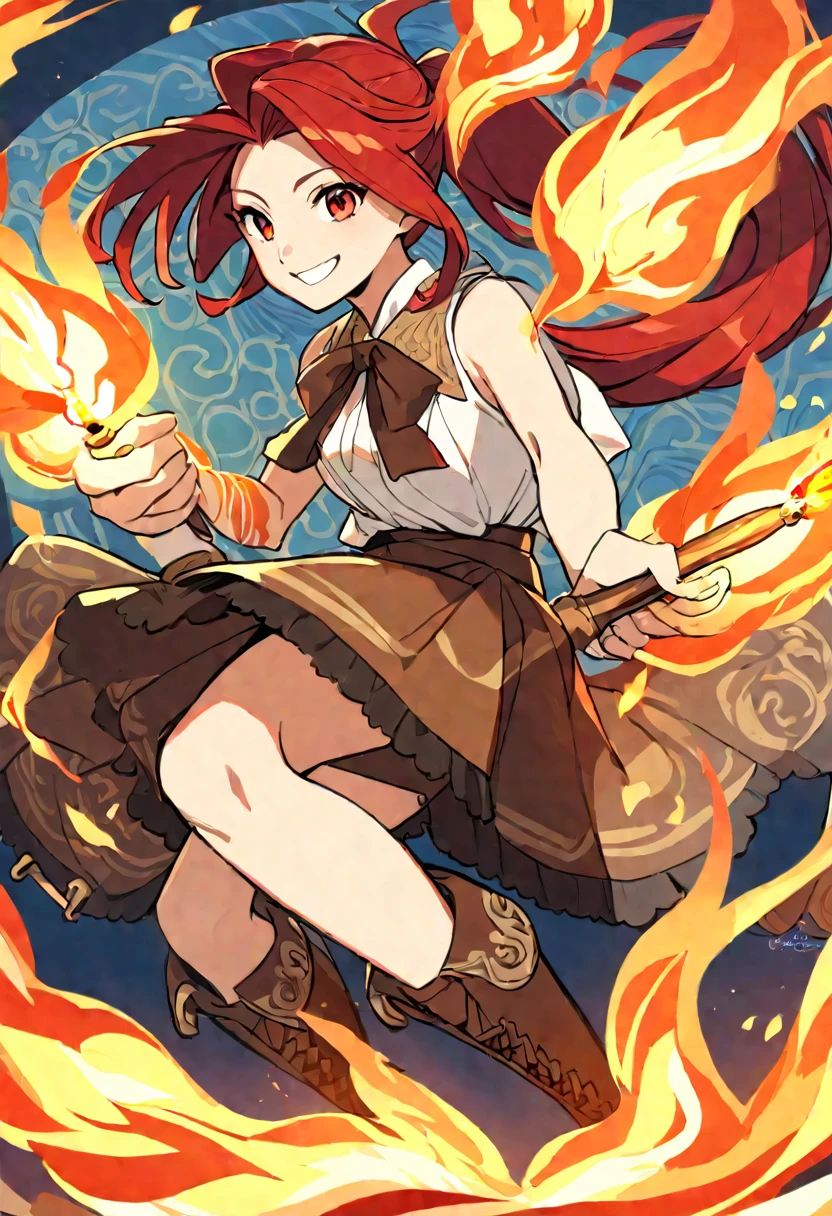 20 years old, long red hair, wears a ponytail, red eyes, always smiling. She dresses in an antique style, wearing a short brown skirt with black shorts underneath, ending above the knees. She wears knee-high brown boots. Her white blouse is sleeveless and features red details. She possesses fire powers and has a fire-themed background."