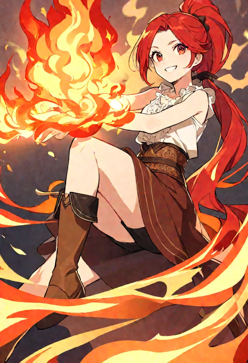 20 years old, long red hair, wears a ponytail, red eyes, always smiling. She dresses in an antique style, wearing a short brown skirt with black shorts underneath, ending above the knees. She wears knee-high brown boots. Her white blouse is sleeveless and features red details. She possesses fire powers and has a fire-themed background."