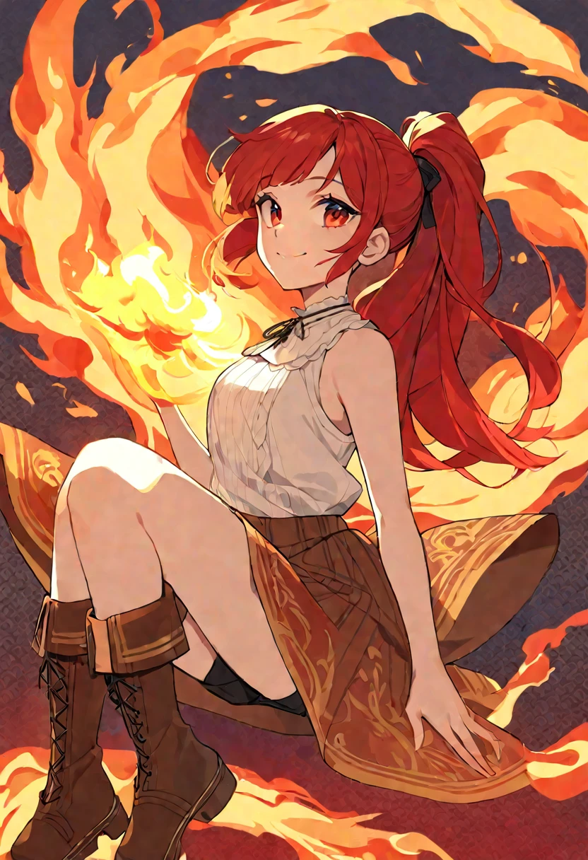 20 years old, long red hair, wears a ponytail, red eyes, always smiling. She dresses in an antique style, wearing a short brown skirt with black shorts underneath, ending above the knees. She wears knee-high brown boots. Her white blouse is sleeveless and features red details. She possesses fire powers and has a fire-themed background."