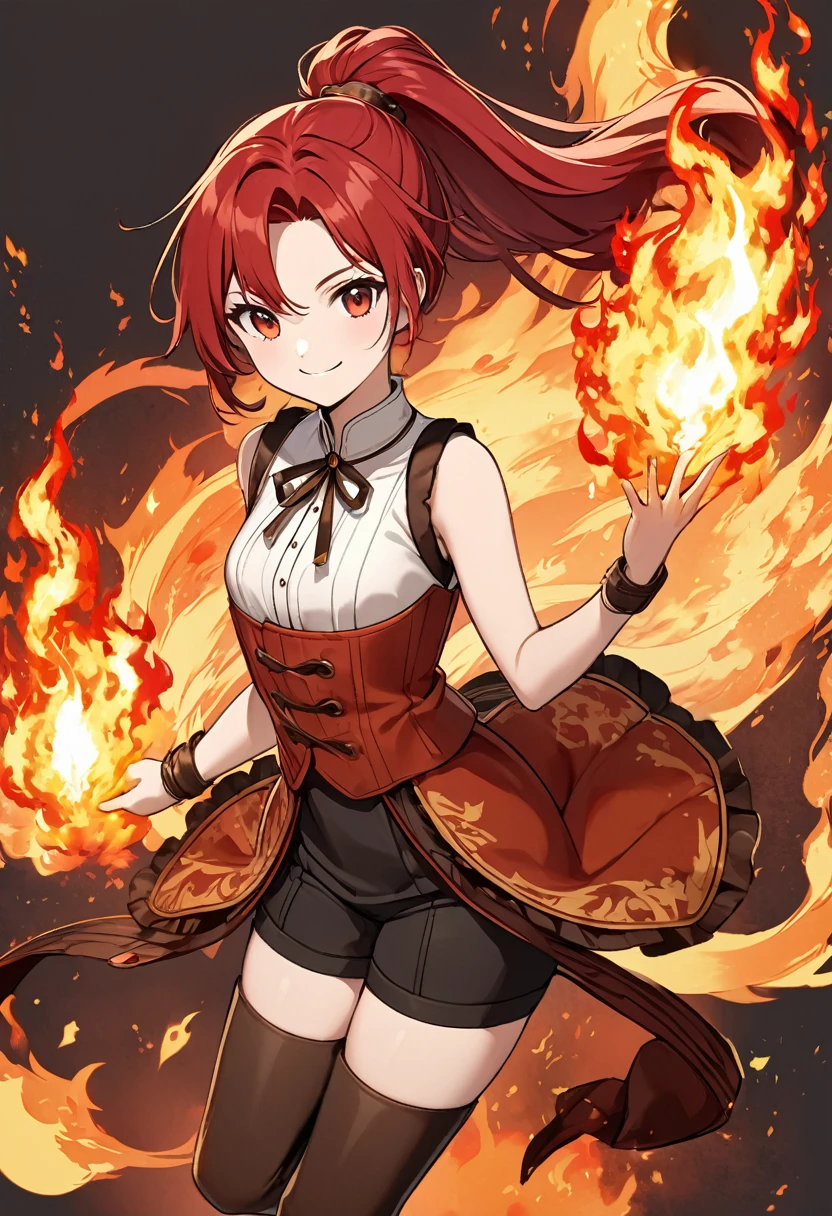20 years old, long red hair, wears a ponytail, red eyes, always smiling. She dresses in an antique style, wearing a short brown skirt with black shorts underneath, ending above the knees. She wears knee-high brown boots. Her white blouse is sleeveless and features red details. She possesses fire powers and has a fire-themed background."