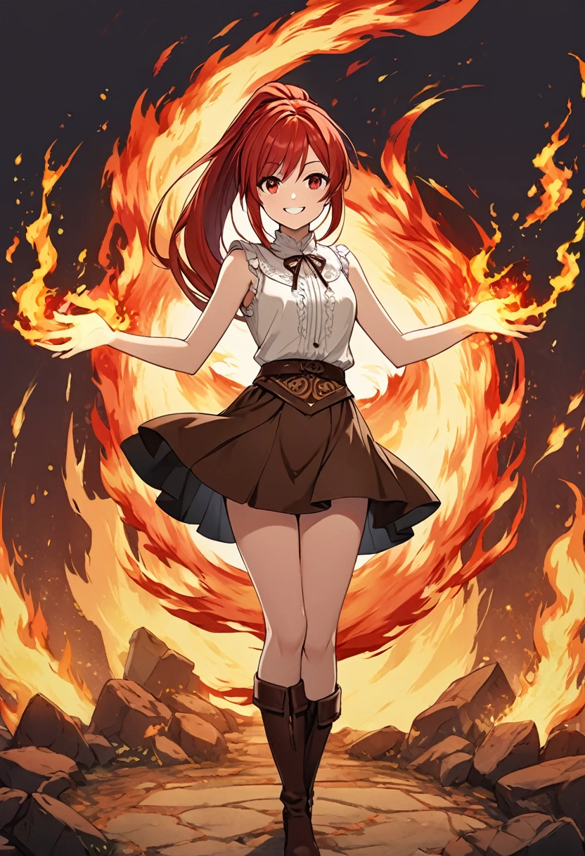 20 years old, long red hair, wears a ponytail, red eyes, always smiling. She dresses in an antique style, wearing a short brown skirt with black shorts underneath, ending above the knees. She wears knee-high brown boots. Her white blouse is sleeveless and features red details. She possesses fire powers and has a fire-themed background."