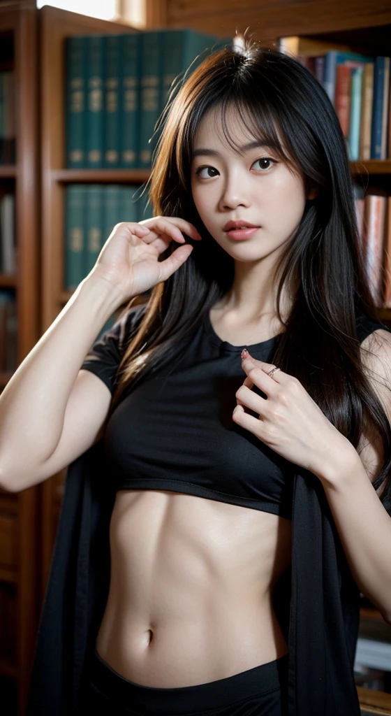 Korean woman, black short shirt，library，Fantasy style，soft light，Rich in detail，dreamy colors，elegant action, shy face, Athletes, abs show, , black long hair, fair skin, restore face