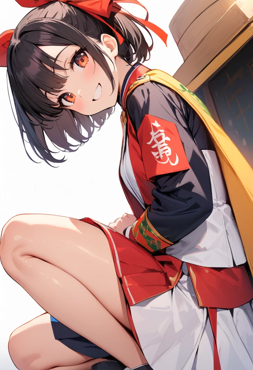 (masterpiece:1.2),Highest quality,Pixiv ,One girl,alone,View your viewers,smile,White background only,whole body,From the side,One knee,,Look to the side、white background only,One girl, Sun Festival, uniform, Hisaishi, Hair Ribbon, smile, Small breasts,No background