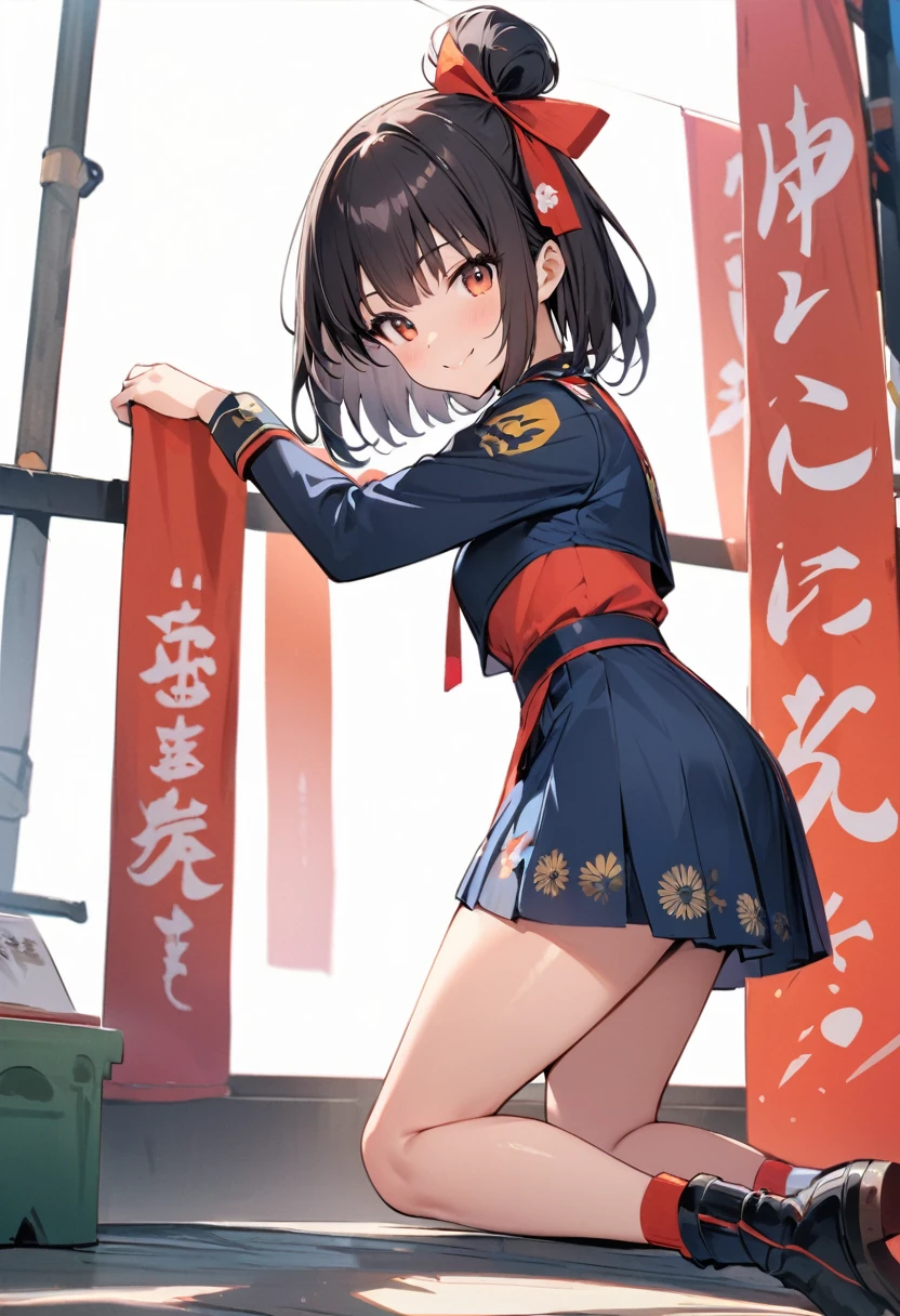 (masterpiece:1.2),Highest quality,Pixiv ,One girl,alone,View your viewers,smile,White background only,whole body,From the side,One knee,,Look to the side、white background only,One girl, Sun Festival, uniform, Hisaishi, Hair Ribbon, smile, Small breasts,No background