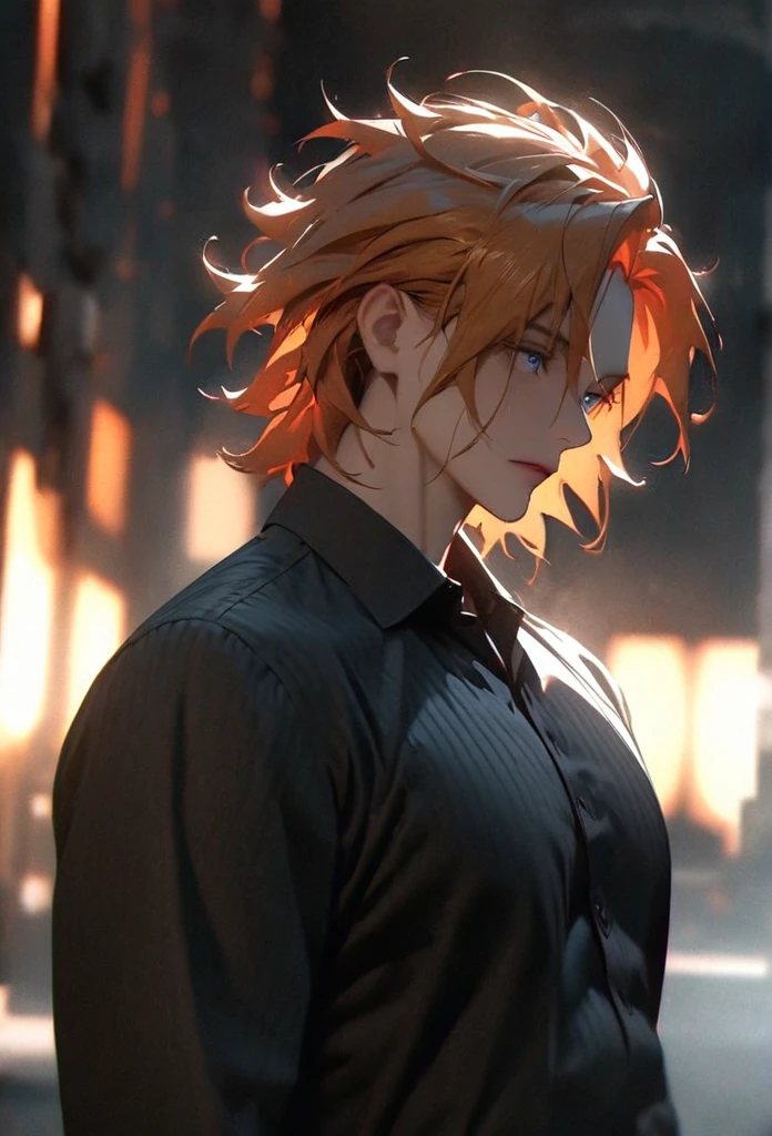 (solo), orange hair, messy hair, mane hair, short hair, dense hair, wild hair, expressive hair, mature,(25 year old), pale skin, blue eyes, ((male)), muscular body, wearing a black dress shirt,, handsome, attractive, eye reflection, depth of field, thunder aura,cinematic lighting, ray tracing, depth of field, cinematic lighting, ray tracing, UHD, high details, best quality, highres, high quality, award winning, super detail, masterpiece, 8k, UHD, high details, best quality, highres, high quality, award winning, super detail, masterpiece, 8k, digital art, anime coloring, full body shot, body shot, good face, perfect face, detailed face, good eyes