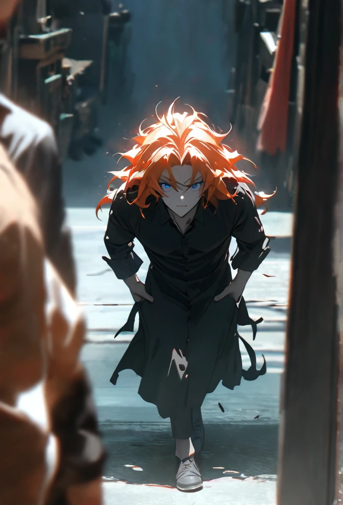 (solo), orange hair, messy hair, mane hair, short hair, dense hair, wild hair, expressive hair, mature,(25 year old), pale skin, blue eyes, ((male)), muscular body, wearing a black dress shirt,, handsome, attractive, eye reflection, depth of field, thunder aura,cinematic lighting, ray tracing, depth of field, cinematic lighting, ray tracing, UHD, high details, best quality, highres, high quality, award winning, super detail, masterpiece, 8k, UHD, high details, best quality, highres, high quality, award winning, super detail, masterpiece, 8k, digital art, anime coloring, full body shot, body shot, good face, perfect face, detailed face, good eyes