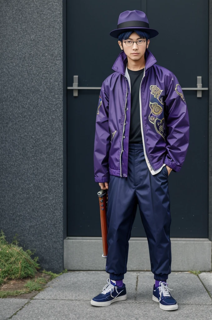 A Nekomata boy with a hat and glasses,a purple jacket and navy blue pants, green shoes and two katanas on his back, anime style
