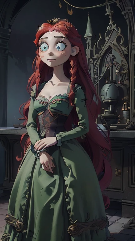 best quality,masterpiece,1girl,solo,(((13years old))),japanese girl,an extremely cute and handsome girl,highly detailed beautiful face and eyes,petit,cute face,lovely face,baby face,shy smile,show teeth, Red hair,long hair,flat chest,skinny,slender,(((wearing a Merida, freckles, green dress, long sleeves, long skirt ,cleavage, wavy hair))),(((standing in Dark Midnight gothichorrorai Disneyland))),she is looking at the viewer,TimBurton Animation style,upper body close up 