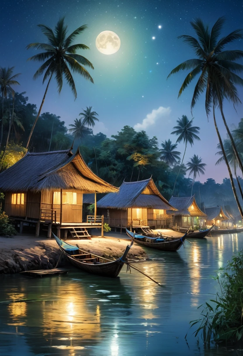 A picturesque village landscape nestled along the banks of a tranquil canal in Thailand, lit up by a night sky filled with stars and moon, creates a magical atmosphere. A village of bamboo huts with thatched roofs Coconut trees sway gently Moonlit waves crashing onto the shore and fishing boats floating in the water., Carl Larsson, Fujicolor, UHD