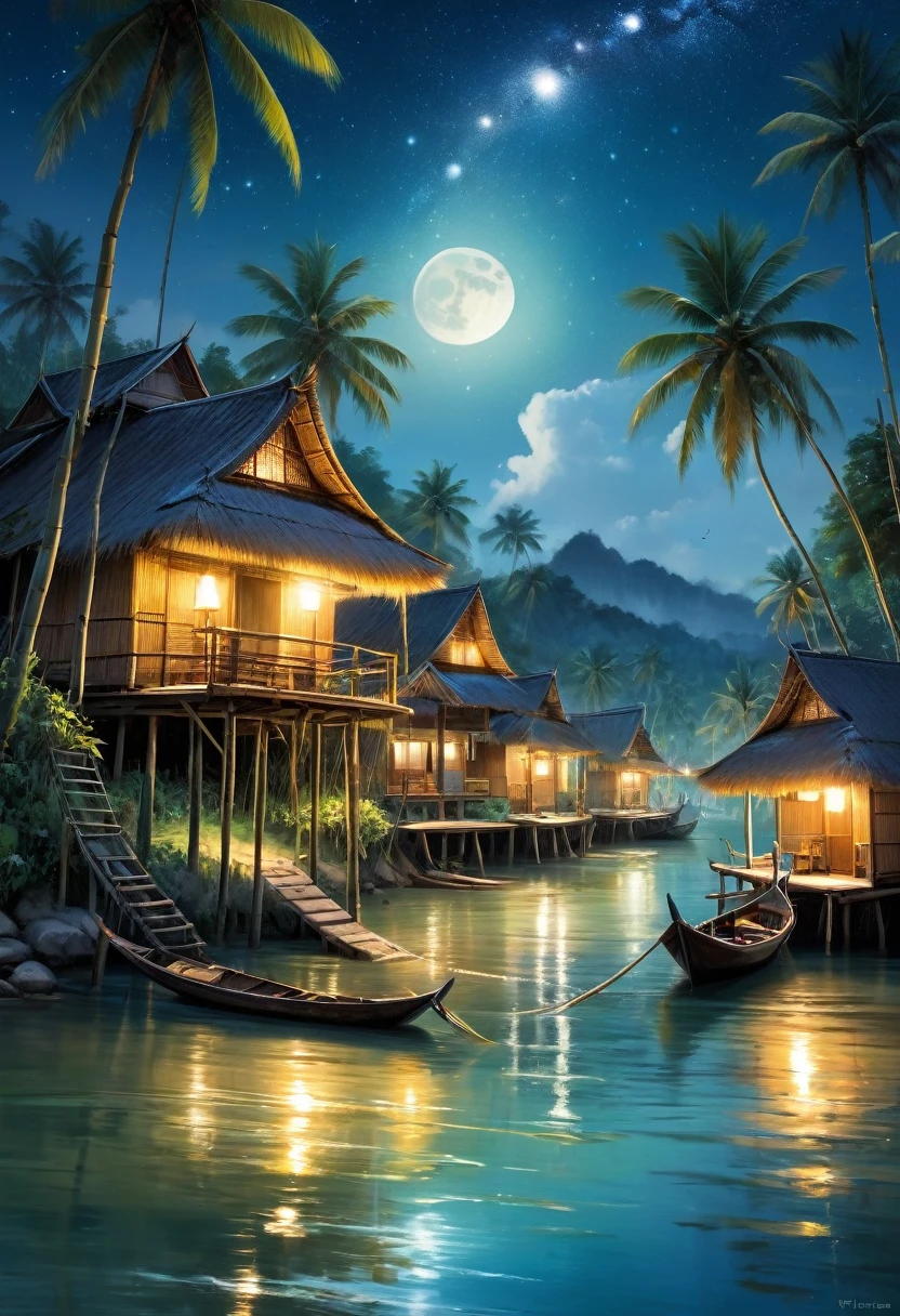 A picturesque village landscape nestled along the banks of a tranquil canal in Thailand, lit up by a night sky filled with stars and moon, creates a magical atmosphere. A village of bamboo huts with thatched roofs Coconut trees sway gently Moonlit waves crashing onto the shore and fishing boats floating in the water., Carl Larsson, Fujicolor, UHD