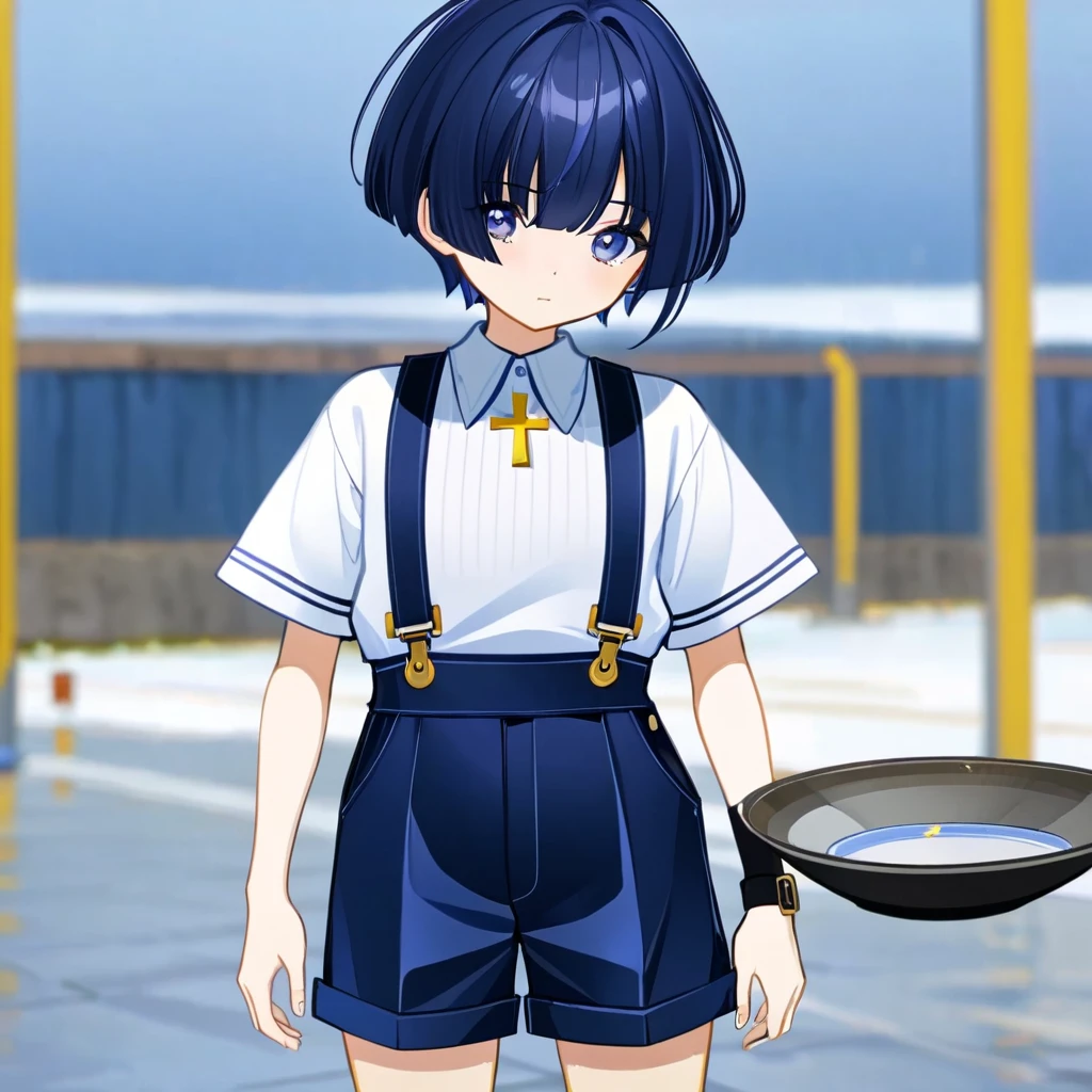 4k best Quality, work of art, A boy, Short Indigo Hair Smooth and Bowl Style With a Square Chopped Bang. do it using shorts with black suspenders, a white woolen shirt with a collar a white sock with buckles. and a little black shoe, She also wears a necklace with a yellow cross.