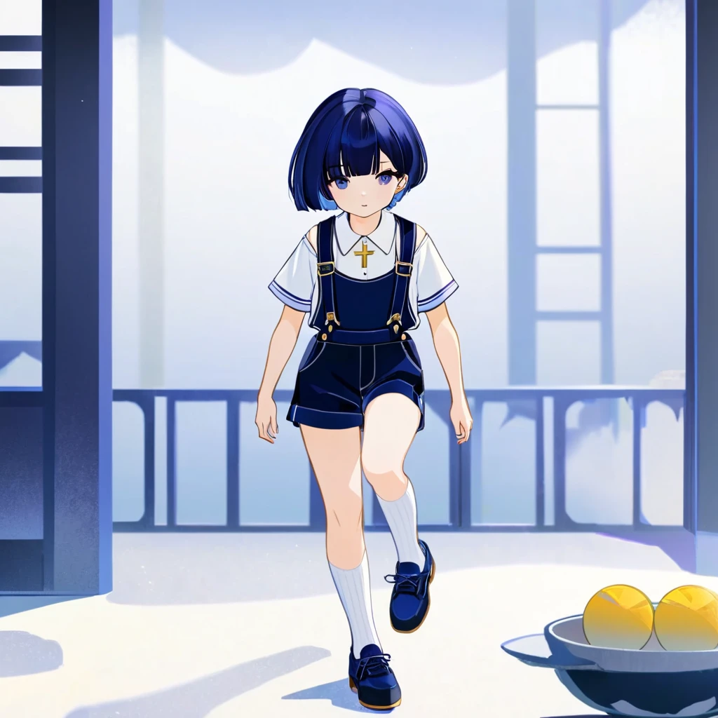 4k best Quality, work of art, A boy, Short Indigo Hair Smooth and Bowl Style With a Square Chopped Bang. do it using shorts with black suspenders, a white woolen shirt with a collar a white sock with buckles. and a little black shoe, She also wears a necklace with a yellow cross.