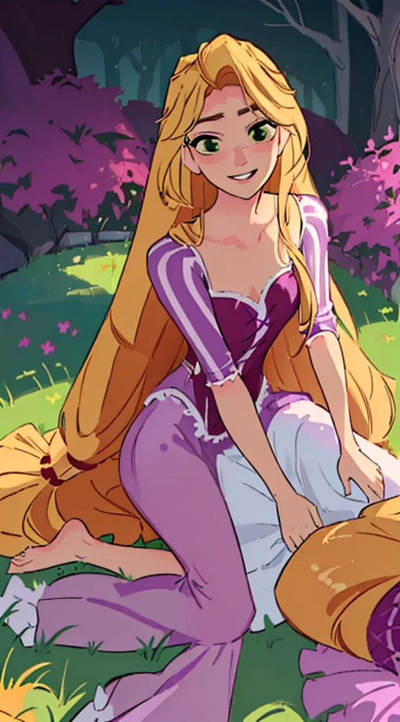 (masterpiece, best quality, high resolution:1.4), rapunzel, green eyes, purple princess dress, skirt long, (loose hair:1.3), deafeated in combat, (Rapunzel lies down, defeated in combat), dazed & confused, looking at viewer, smile, outdoors, close angle to Rapunzel