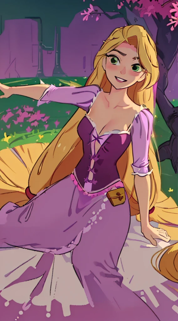 (masterpiece, best quality, high resolution:1.4), rapunzel, green eyes, purple princess dress, skirt long, (loose hair:1.3), deafeated in combat, (Rapunzel lies down, defeated in combat), dazed & confused, looking at viewer, smile, outdoors, close angle to Rapunzel