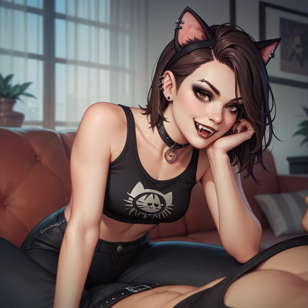 Best quality, highly detailed, ultra detailed, 1 light skin boy, lean body, short dark brown hair, brown eyes, vampire fangs, cat ears on top of head, painted black nails, goth, black crop top, black pants, living room, close up