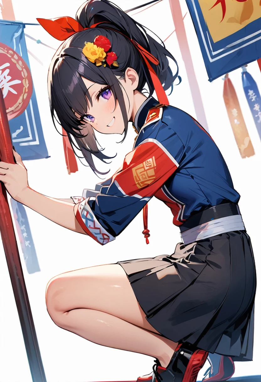 (masterpiece:1.2),Highest quality,Pixiv ,One girl,alone,View your viewers,smile,White background only,whole body,From the side,One knee,,Look to the side、white background only,One girl, Sun Festival, uniform, Hair Ribbon, smile, Small breasts,No background