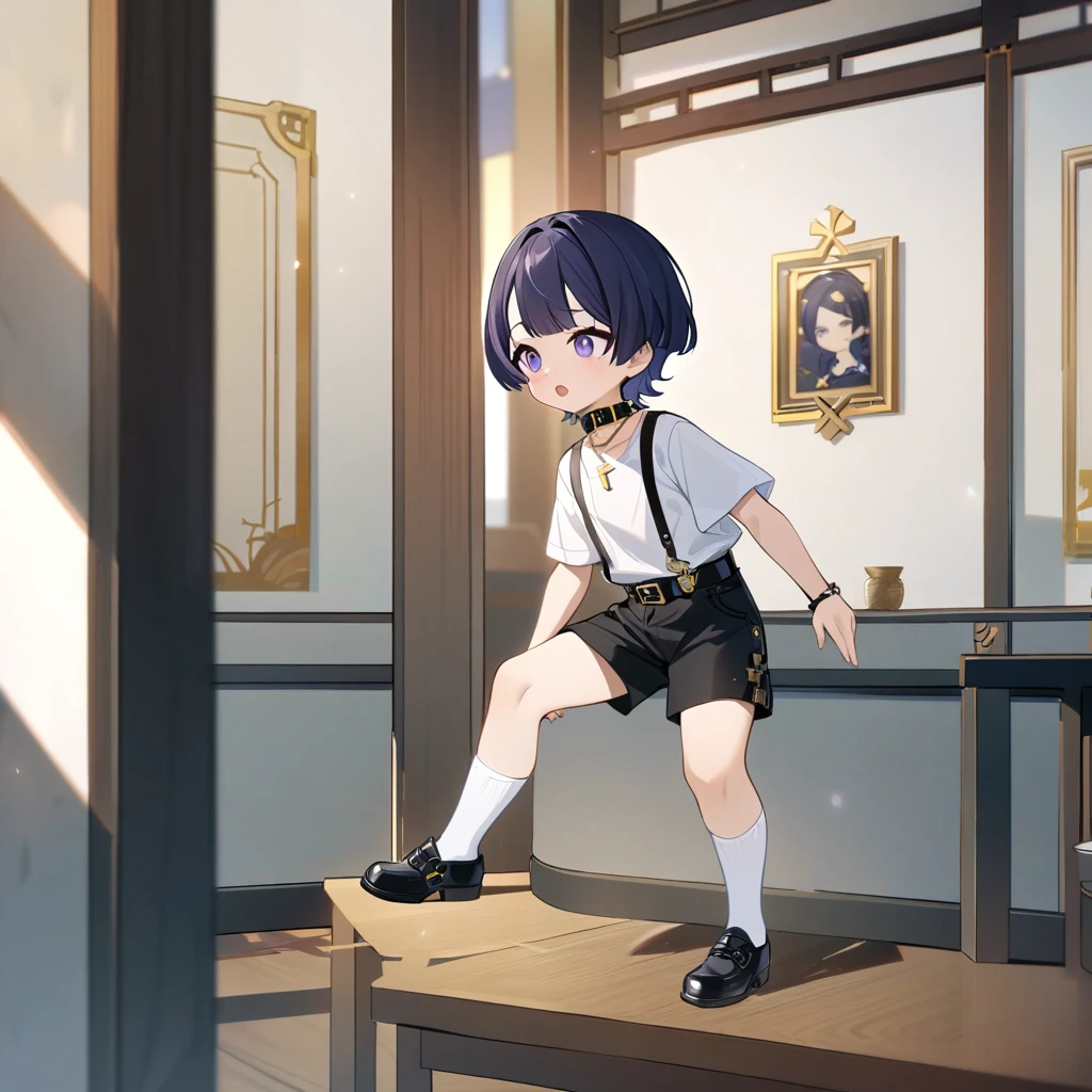 4k best Quality, work of art, A boy, Short Indigo Hair Smooth and Bowl Style With a Square Chopped Bang. do it using shorts with black suspenders, a white woolen shirt with a collar a white sock with buckles. and a little black shoe, She also wears a necklace with a yellow cross.