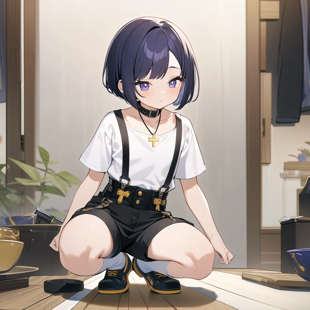 4k best Quality, work of art, A boy, Short Indigo Hair Smooth and Bowl Style With a Square Chopped Bang. do it using shorts with black suspenders, a white woolen shirt with a collar a white sock with buckles. and a little black shoe, She also wears a necklace with a yellow cross.