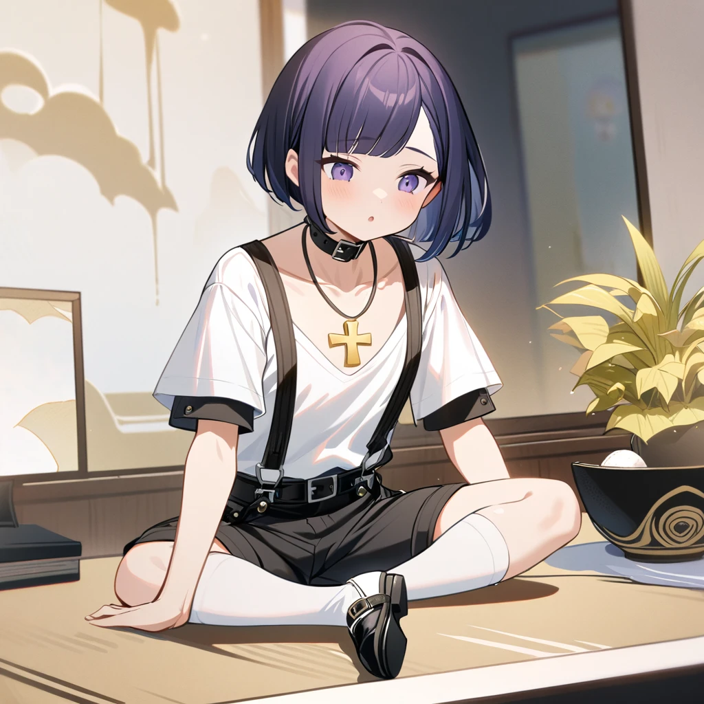 4k best Quality, work of art, A boy, Short Indigo Hair Smooth and Bowl Style With a Square Chopped Bang. do it using shorts with black suspenders, a white woolen shirt with a collar a white sock with buckles. and a little black shoe, She also wears a necklace with a yellow cross.