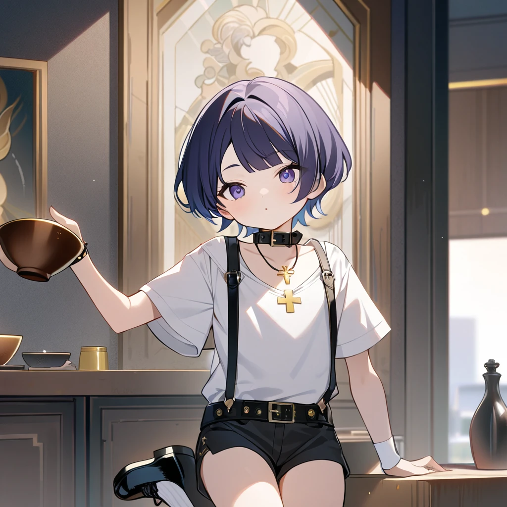 4k best Quality, work of art, A boy, Short Indigo Hair Smooth and Bowl Style With a Square Chopped Bang. do it using shorts with black suspenders, a white woolen shirt with a collar a white sock with buckles. and a little black shoe, She also wears a necklace with a yellow cross.