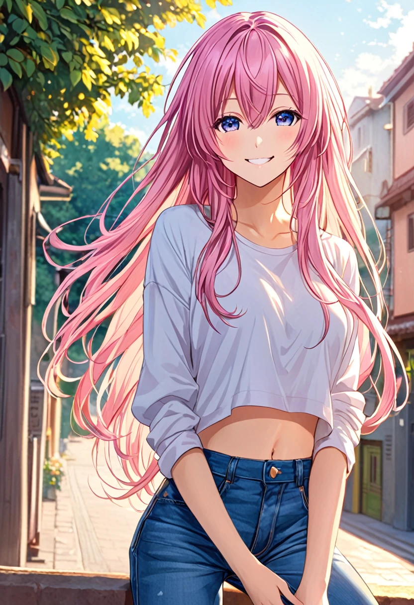 Megurine Luka smile casual clothes jeans pants colored morning peace upper body
