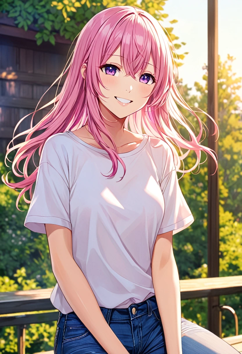 Megurine Luka smile casual clothes jeans pants colored morning peace upper body