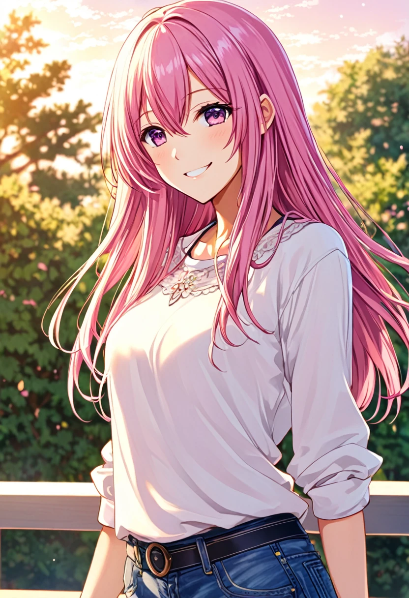 Megurine Luka smile casual clothes jeans pants colored morning peace upper body