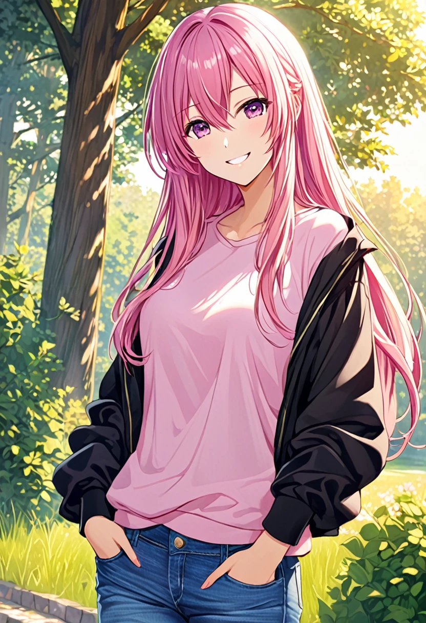 Megurine Luka smile casual clothes jeans pants colored morning peace upper body