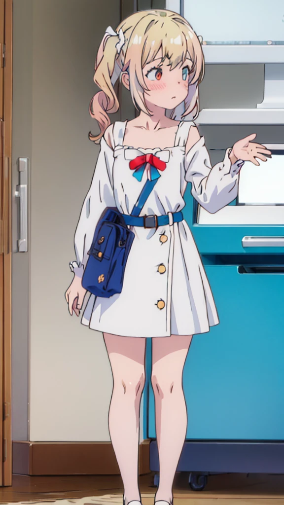 ((masterpiece))((Highest quality))girl、blush、Flat Chest、Are thin、Blonde Hair、blush、Are standing、Whole body image、Eye level on face、、No background、Hair is two colors、Twin tails、Red Eyes、Two-tone red and yellow hair、Completely naked、Greeting with pussy、Spread your pussy、Even your feet are visible、Enters the whole body