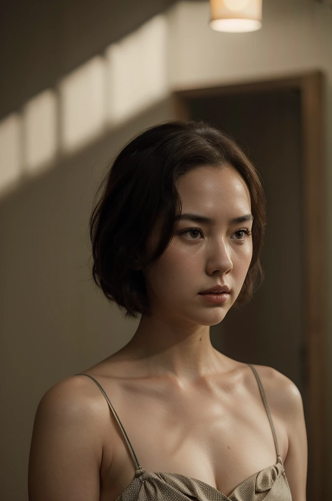 Jessica Henwick with short brown hair, wearing a polka dot dress, slender figure, sad expression, detailed facial features, delicate skin, dramatic lighting, cinematic angle, high quality digital painting, muted color palette, photorealistic, 8k, masterpiece.